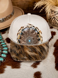 Boho Cowhide Feather Trucker Hat