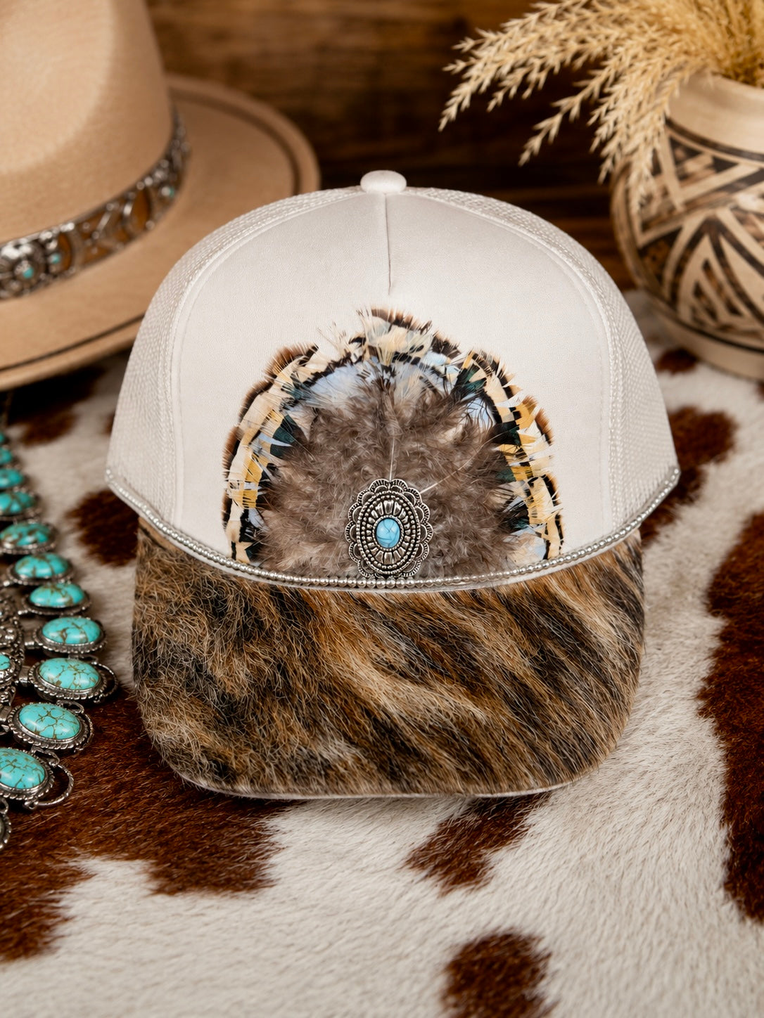 Boho Cowhide Feather Trucker Hat