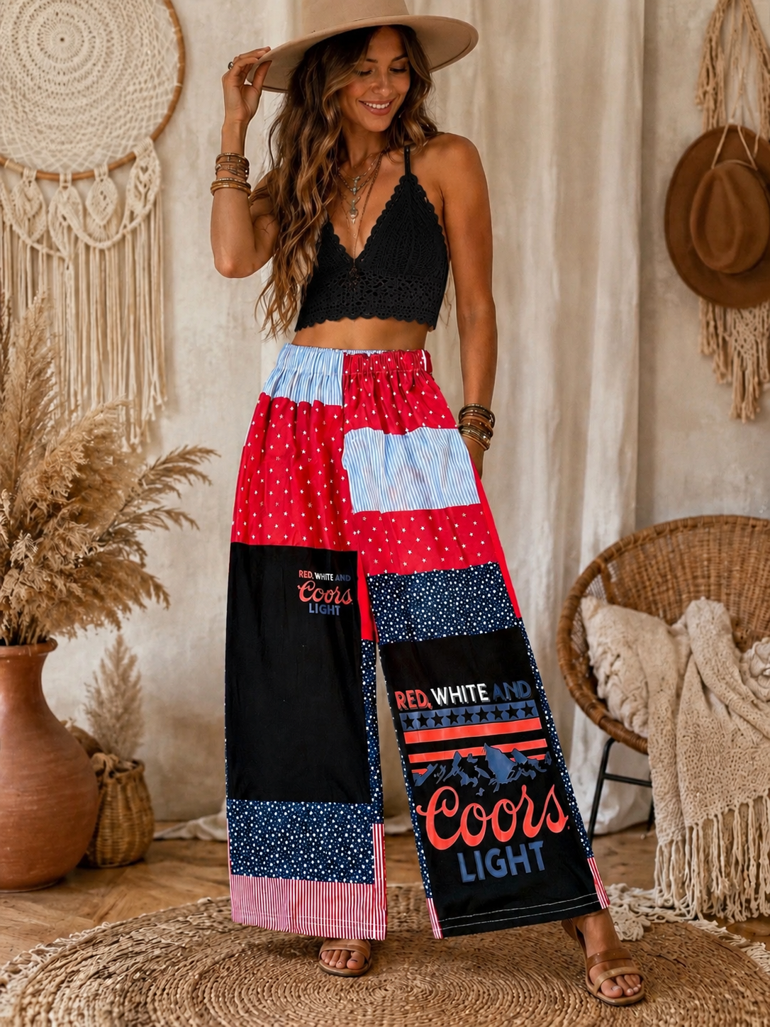 Red, White & Coors Light Reworked Patchwork Pants