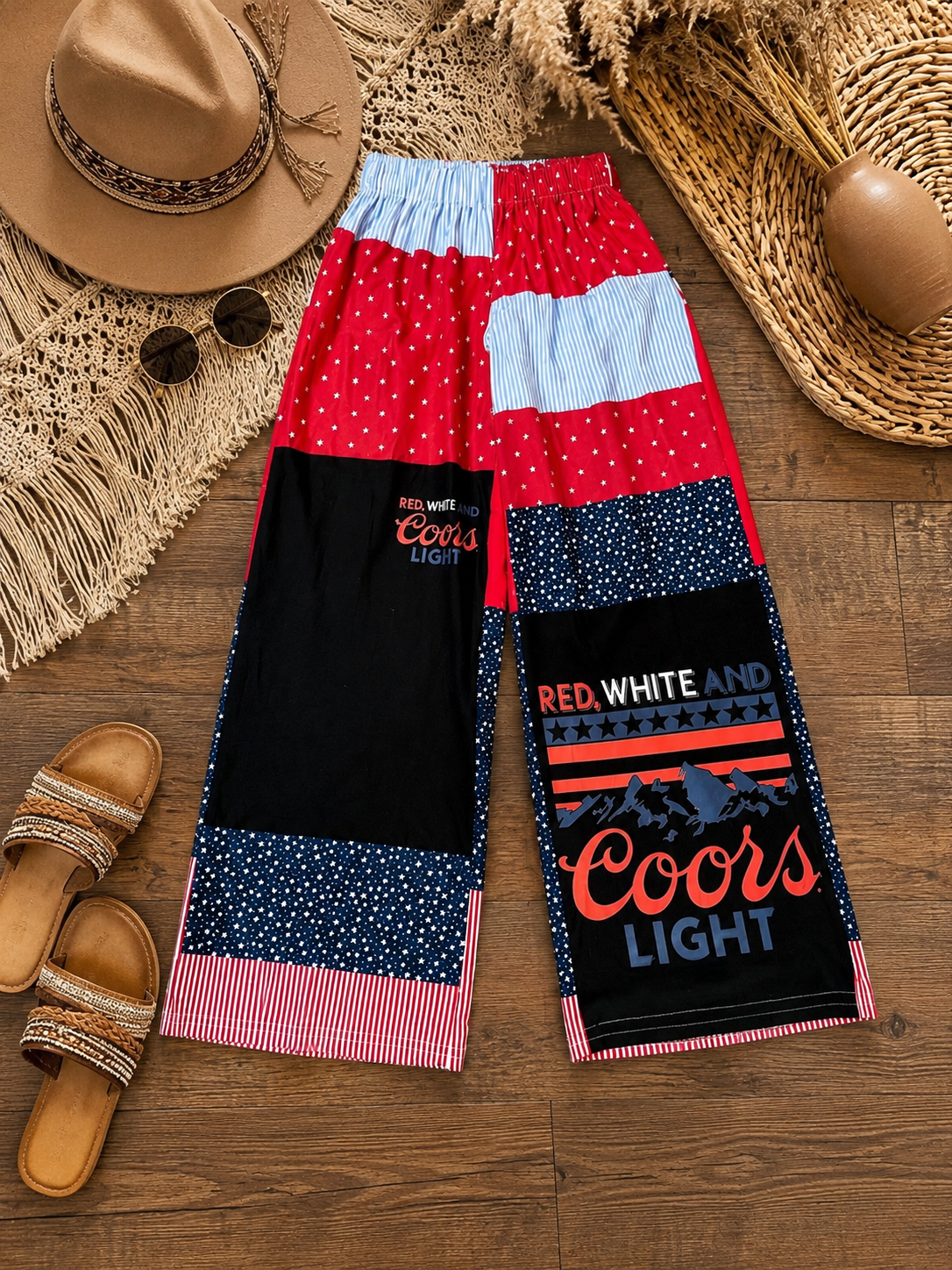 Red, White & Coors Light Reworked Patchwork Pants